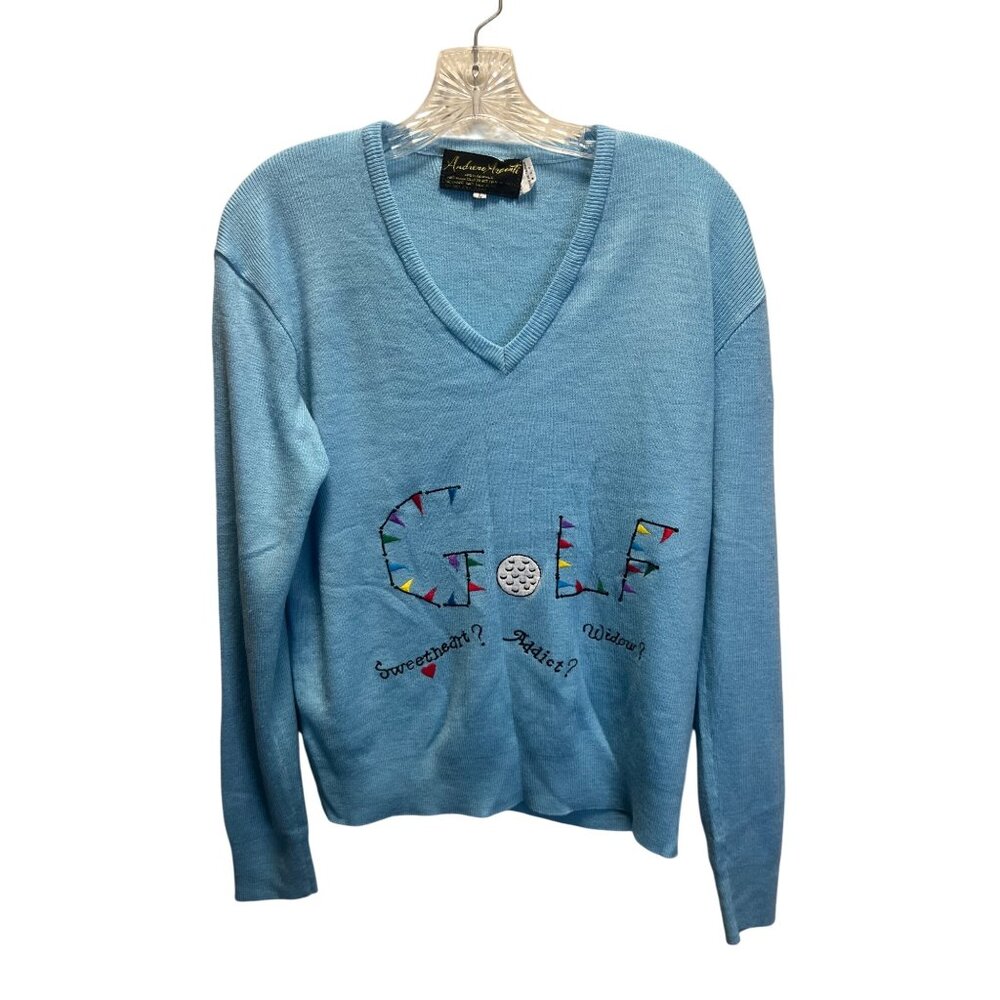 Andrene Angenti Blue V-Neck Golf Sweater With Embroidered Design & Text M